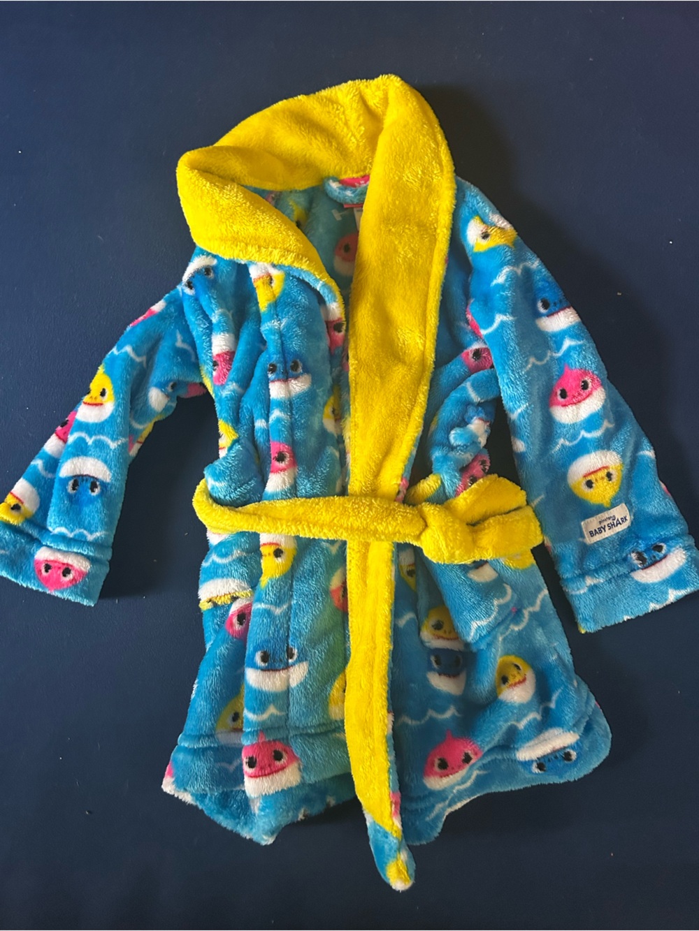 Plush Hooded Kids Robe in Blue with Yellow Trim